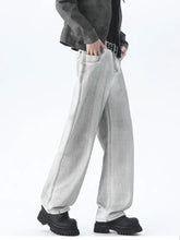 Men’s plus size wide leg high waisted jeans in light gray faded denim with visible stitching and a wide leg cut
