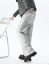 Men’s plus size wide leg high waisted jeans in light-wash denim with relaxed fit and visible stitching
