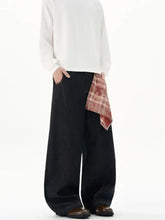 Men’s plus size wide leg jeans in black denim with a relaxed fit and detachable plaid scarf in side pocket