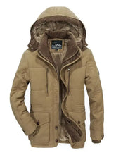 Men’s plus size winter warm hooded parka coat with tan hooded quilted design and plush brown-lined interior