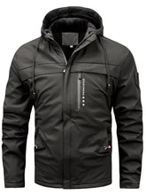 Men’s plus size winter warm hooded parka jacket in black with water-resistant shell fleece lining and vertical zipper pockets