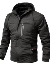 Men’s plus size winter warm hooded black jacket with a sleek modern design and subtle chest zipper branding