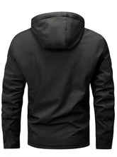 Men’s plus size winter warm hooded parka jacket in black with sleek lightweight fabric and subtle seam detailing