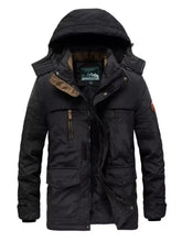 Men’s plus size black insulated winter hooded parka jacket with front zipper and multiple pockets for cold weather