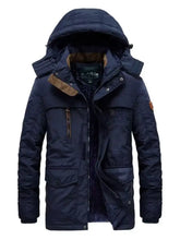 Men’s plus size dark navy blue quilted hooded parka jacket with brown-lined collar and multiple pockets for winter use