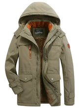 Men’s plus size winter zip up hooded parka jacket in khaki insulated with orange fleece lined hood and multiple pockets