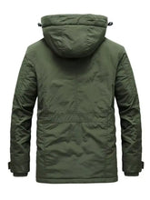 Men’s plus size olive green hooded parka jacket with quilted panels and adjustable cuffs for winter wear