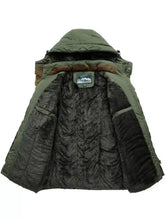 Men’s plus size olive green quilted hooded parka jacket with dark gray plush lining and brown collar accents