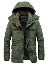 Men’s plus size olive green quilted hooded parka with detachable hood brown shearling collar cuffs and rough stock branding