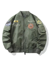 Men’s plus size zip bomber jacket in olive green with patches embroidered text and front zipper closure