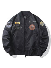 Men’s plus size zip bomber jacket in black matte nylon with embroidered patches and insignia