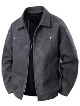 Dark gray plus size zip up bomber jacket in suede with classic collar and front zipper for men