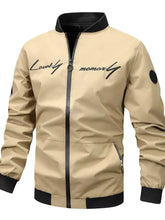 Beige men’s plus size zip bomber jacket with black trim and lovely memory script embroidery across the chest