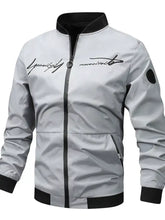 Men’s plus size zip bomber jacket in silver with black trim and cursive script embroidery on the chest