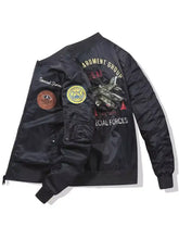 Men’s plus size zip up bomber jacket in black with embroidered patches and aircraft graphic on the back side