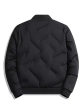 Men plus size black quilted bomber jacket with zip up front and ribbed cuffs in sleek modern design