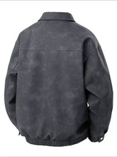 Men’s plus size zip bomber jacket in dark gray textured faux leather with relaxed fit and elastic waistband