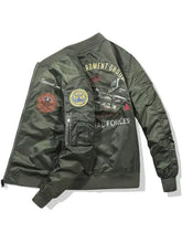 Olive green plus size zip bomber jacket with embroidered aviation patches and detailed aircraft graphic on the back