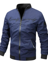 Men’s plus size zip up navy bomber jacket with black trim and lucky embroidered in silver script on the chest