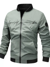 Men’s plus size zip up olive green bomber jacket with black trim and stylish cursive logo across the chest
