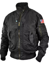 Men’s plus size black nylon bomber jacket with american flag patch on left shoulder point and zip up front pockets