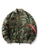 Men plus size zip up bomber jacket in camouflage with olive green brown black and red army rescue flight patch on sleeve