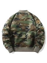 Men plus size zip up bomber jacket with camouflage pattern, matte finish, and ribbed cuffs