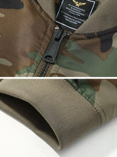 Men plus size zip up bomber jacket with camouflage pattern, black zipper, and olive green fabric lining