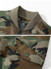 Men plus size bomber jacket with camouflage pattern, khaki collar, and olive green button zip up design
