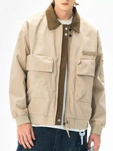 Beige mens plus size casual bomber jacket with brown collar and zipper trim for zip up outerwear