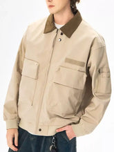 Beige utility mens plus size casual bomber jacket with olive green collar and multiple pockets zip up design