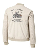 Men’s plus size beige corduroy bomber jacket with vintage motorcycle graphic and free spirit text on the back, machine wash tumble dry safe