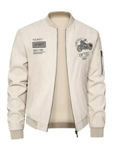 Men’s plus size beige corduroy bomber jacket with embroidered patches and motorcycle graphic, machine wash tumble dry