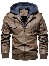 Men’s plus size zip brown faux leather hooded jacket with dark blue fleece lining and ribbed cuffs