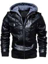 Mens plus size zip up drawstring hooded jacket in black faux leather with gray fleece lining and ribbed cuffs