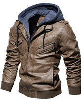 Men’s plus size zip up brown faux leather hooded jacket with blue fleece lining and ribbed cuffs for added comfort