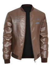 Men’s plus size brown faux leather bomber jacket with zip up, embossed logo on chest, and text patch on shoulder