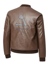 Men’s plus size brown faux leather bomber jacket with silver geometric logo and embroidered text on back side