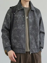 Men’s plus size dark gray distressed denim faux leather shacket with normal thickness, sleeve length, and silver zipper accents