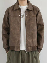 Men’s plus size brown faux leather shacket with normal thickness, sleeve length, and contrasting dark brown ribbed cuffs