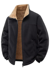 Men’s plus size black fleece jacket with plush tan sherpa lining and front zipper closure for added warmth