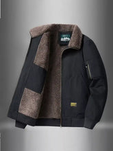 Men plus size black shearling-lined bomber jacket with plush brown fleece interior and gold-tone zipper accents