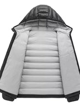 Men’s plus size zip up hooded puffer jacket in black and silver with quilted design and black trim