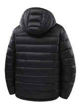 Black men’s plus size zip up hooded puffer jacket with quilted hood and horizontal stitching for cold weather