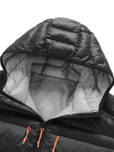 Men’s plus size zip up hooded black puffer jacket with quilted hood silver-lined interior and orange drawstrings