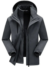 Men’s plus size zip outdoor jacket in dark gray with water resistant fabric detachable hood and fleece lined interior