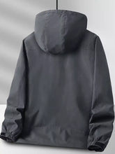 Men’s plus size zip up hooded jacket in dark gray with sleek lightweight fabric and elastic cuffs for comfort