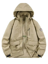 Beige men’s plus size zip hooded outdoor jacket with fleece lining and multiple pockets for winter wear