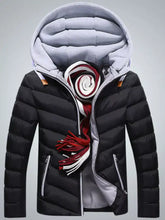 Men plus size black quilted padded puffer jacket with hood and gray lining featuring striped scarf tucked inside