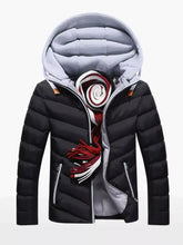 Men plus size black quilted padded puffer jacket with gray-lined interior hood and silver zipper accents